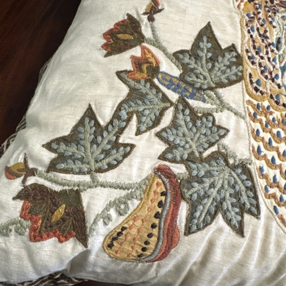 Pottery Barn Throw Pillow Owl Bird Embroidered Appliqué‎ Feather Insert Cover